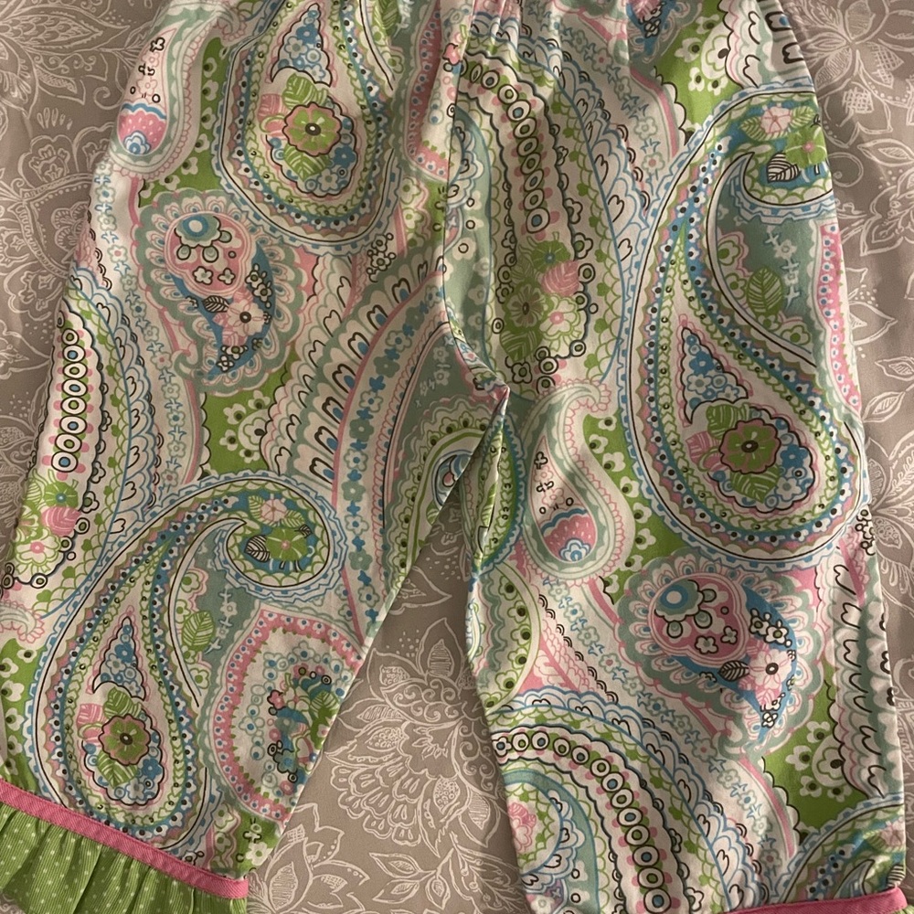 Girls Size 4T 100% Cotton Paisley Ruffle Pants | Pink & Green - Picture 5 of 6